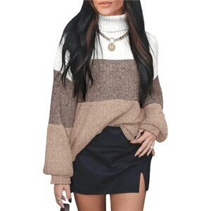 Boho Color Block Turtleneck Sweater – Oversized Long Sleeve Tunic Top for Women